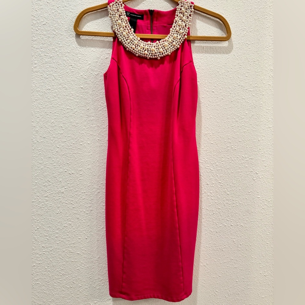 INC International Concepts Vibrant Pink Sheath Dress with Pearl Beaded Neckline
